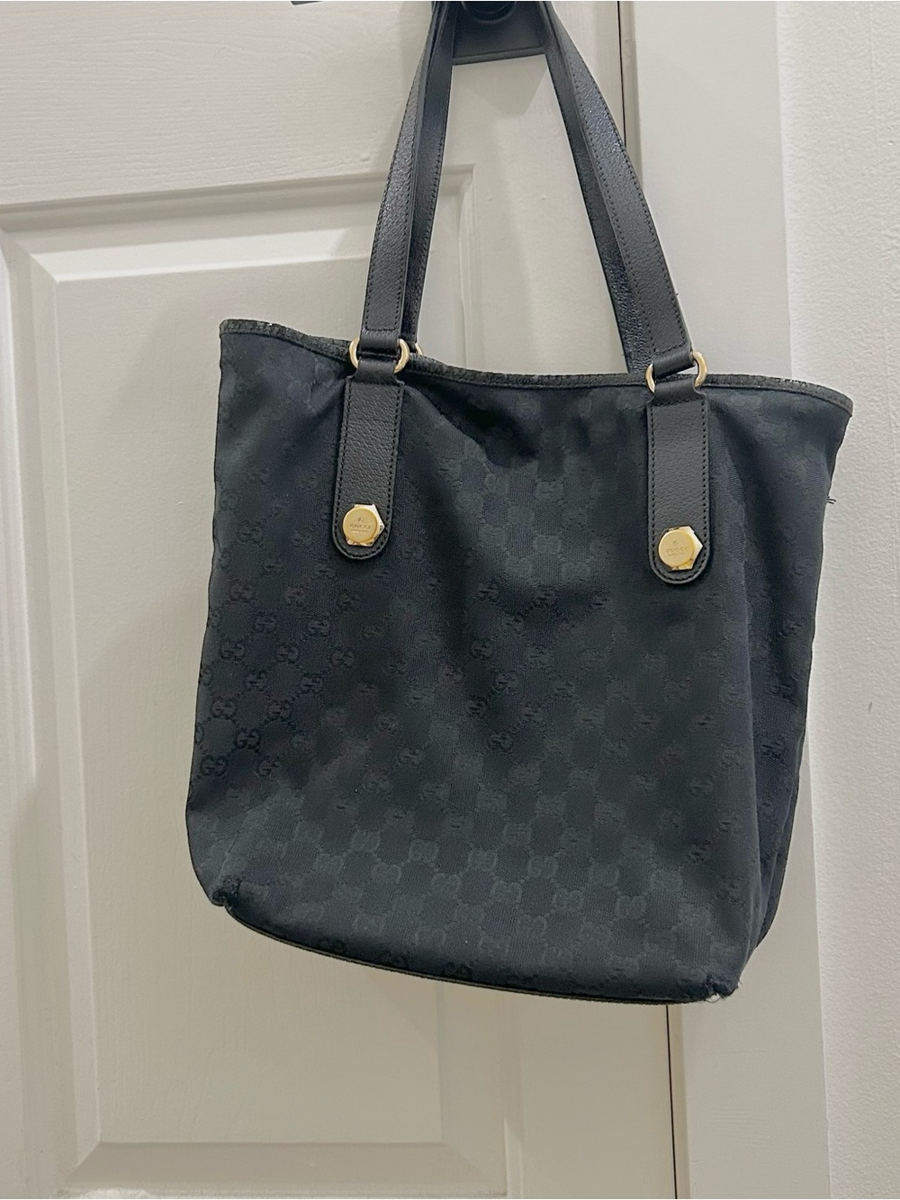 Gucci Black Monogram Canvas Tote with Gold Hardware